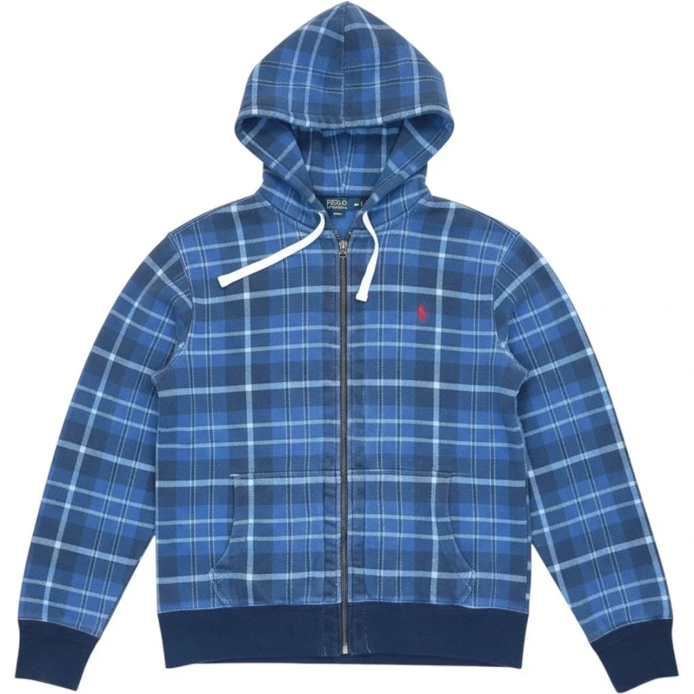 Polo Ralph Lauren Blue Plaid Waffle Lined Zip Up Hoodie Y2K XL Thermal Pony